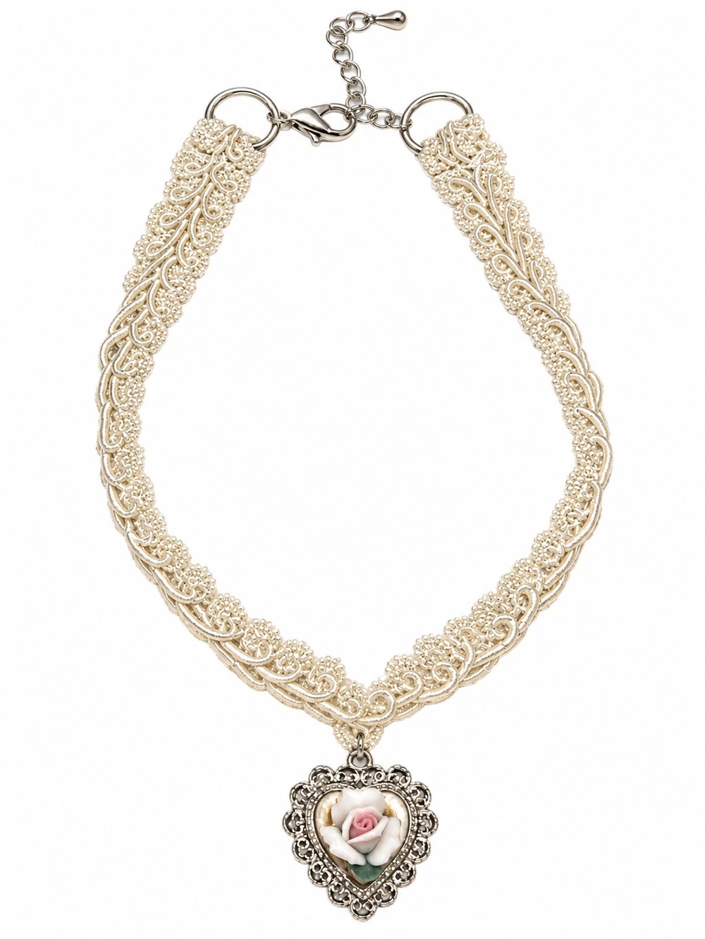 Vintage-Inspired Cream Lace Choker Necklace with Heart Pendant